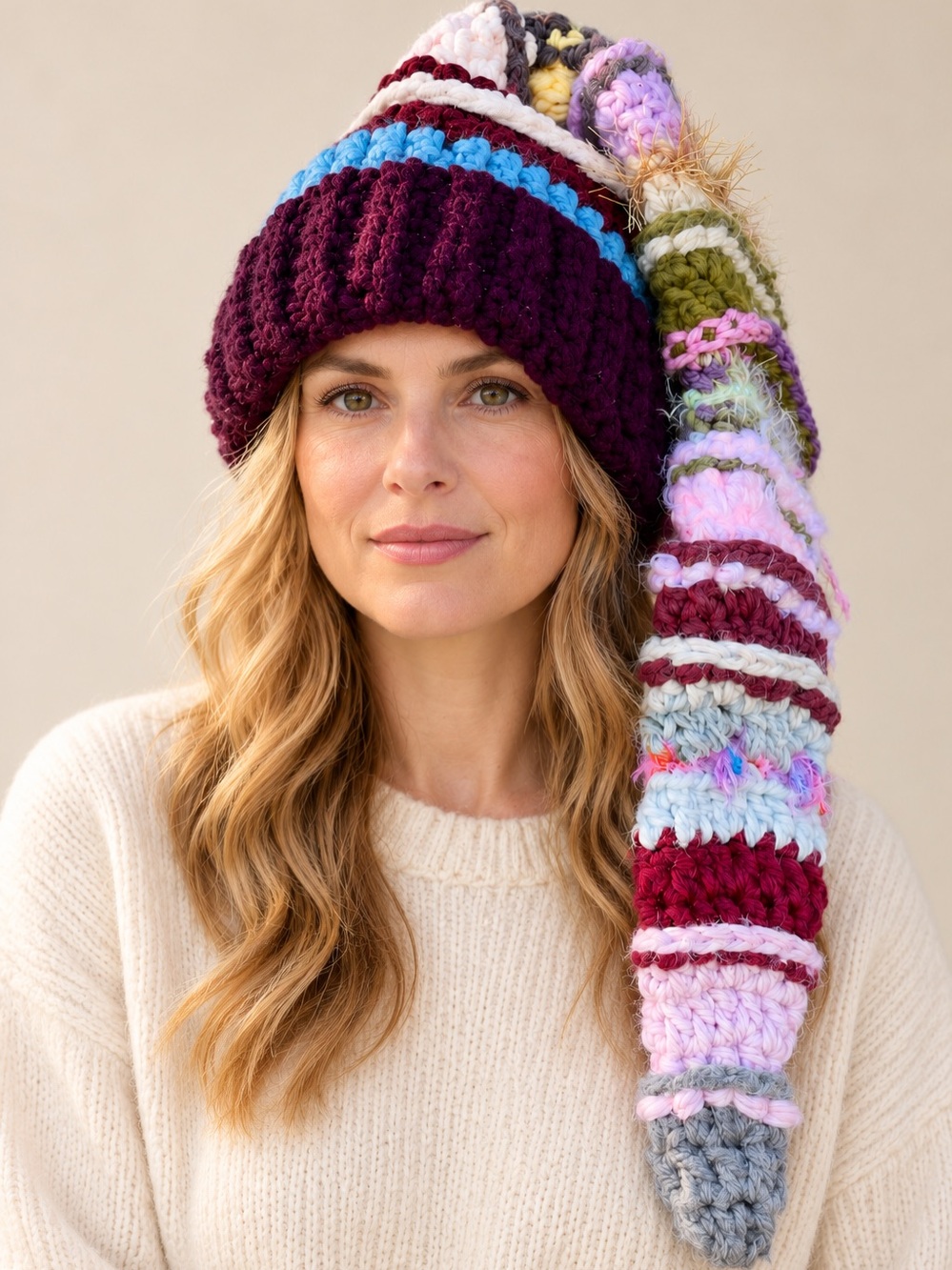 The Merry Wanderer Handmade Long Tail Pixie Elf Hat Multicolor Chunky Yarn L/XL